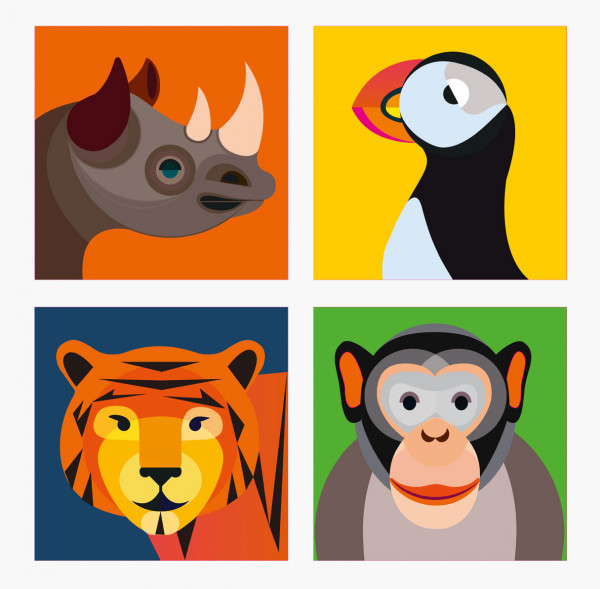 Magnet-Set Rhino, Papageientaucher, Tiger und Affe