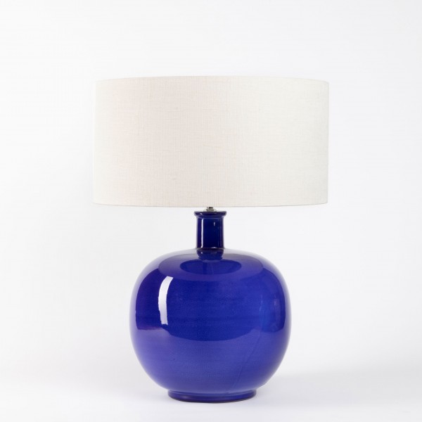 Leuchtend Blaue Keramiktischlampe mit Leinenschirm