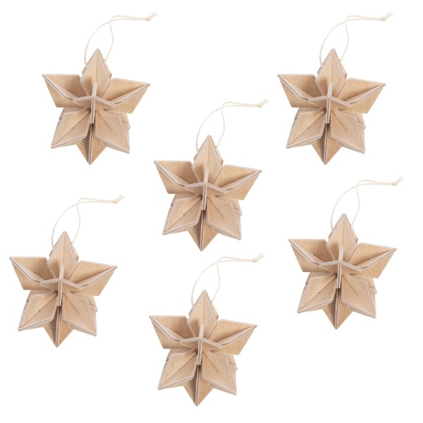 6 er Set Sterne zum Aufhängen am Weihnachtsbaum natur Holz 3 D 