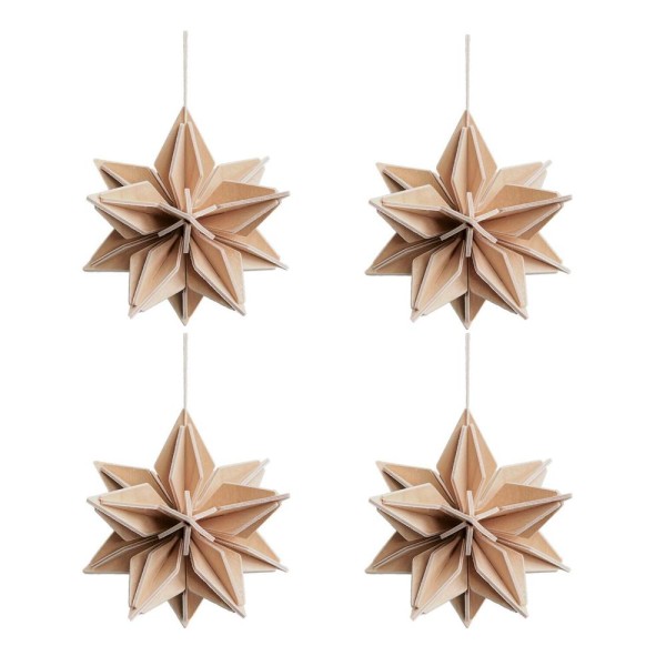 4 er Set Sterne zum Aufhängen am Weihnachtsbaum natur Holz 3 D 