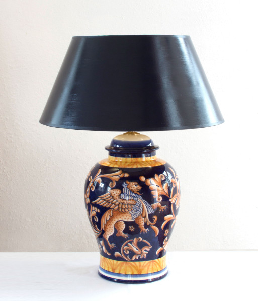 Dunkelblau goldene Tischlampe 54cm, handgemalt mit nachtblauem Strichlackschirm