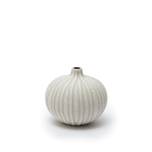Kleine Kugelvase getöpfert, sandweiss mit grauen Streifen