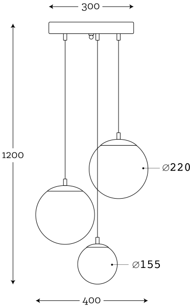 Abmessungen Mundgeblasene Pendelleuchte Balle, 3er-Pendel