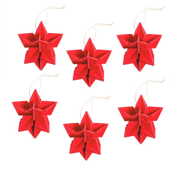 6 er Set Sterne zum Aufhängen am Weihnachtsbaum rot Holz 3 D 