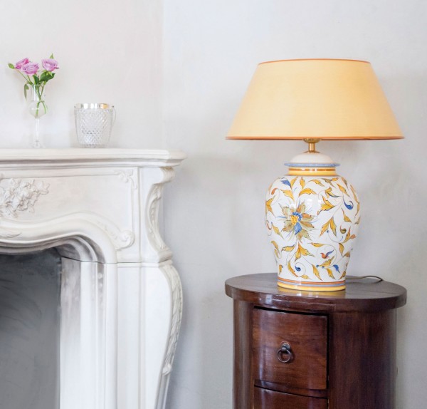 Handgemalte Keramik Tischlampe Raffaello mit gelbem Strichlackschirm