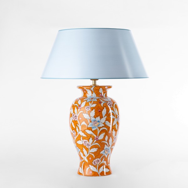 Handgemalte Tischlampe aus Italien in klassischer Vasenform, floral, orange zartblau