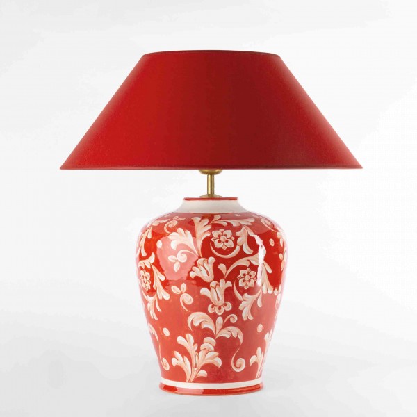 Rote Keramik Vasenlampe, handbemalt in Italien mit rotem Chintzschirm